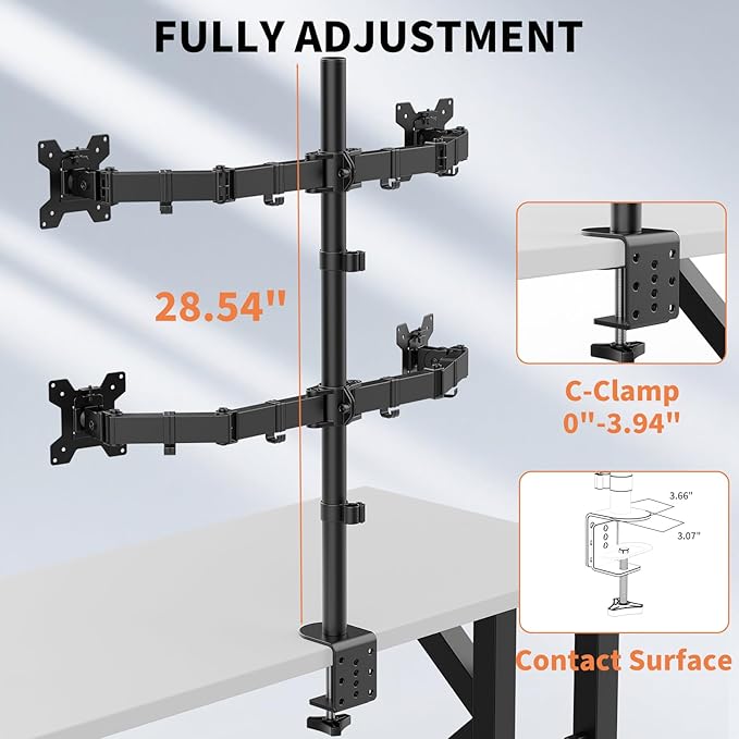 Quad Monitor Desk Mount Heavy Duty Adjustable Monitor Stand for 13"-27" Screen,Computer Mount for Desk Holds Up to 22lbs with C Clamp/Grommet Base
