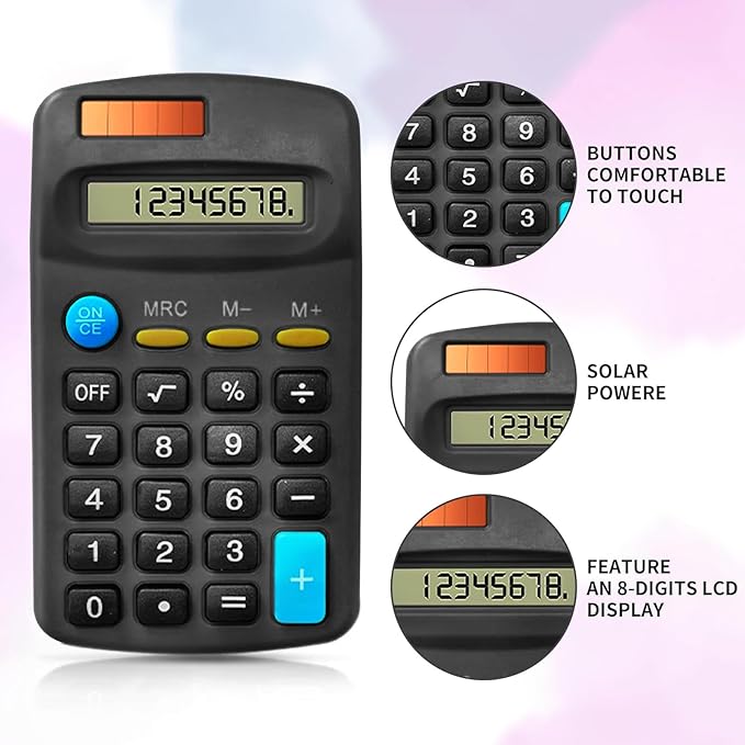 18 Pack Basic Calculators for Students, Pocket Calculator Bulk Classroom Mini Calculators Solar and Battery Dual Powered Handheld Calculator 8 Digit Display for Office School and Home (Black)
