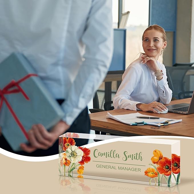 Personalized Name Plate for Desk, Custom Acrylic Desk Name Sign, Office Appreciation Gifts for Women Men Coworkers Boss Teacher Employee (Flower-Floral)