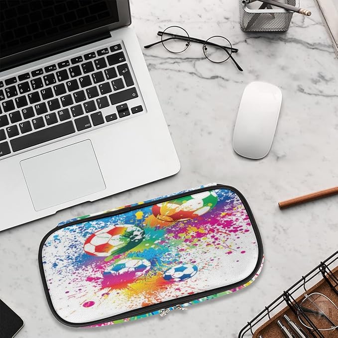 Pardick Watercolor Football Big Capacity Pencil Pen Case Soccer Large Pencil Pouch with Zipper Compartments Pencil Bag for Boys Girls Adults Student Office School Supplies