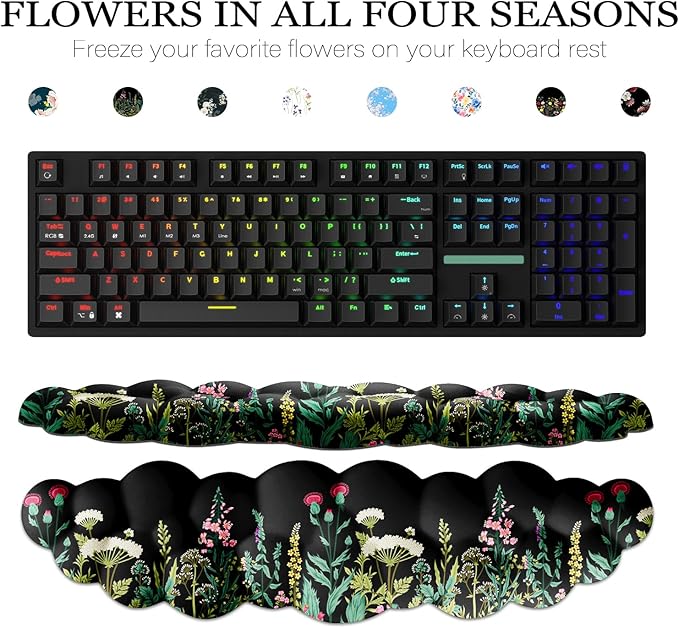 JIKIOU Cloud Wrist Rest Keyboard, Cloud Keyboard Wrist Pad Set with Comfortable Cloth, Cute Arm Rest for Palm Support, PC/Gaming Desk Accessories/Office Setup/Computer Hand Cushion Wild Flowers