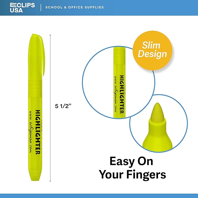 E-CLIPS USA Highlighters Bulk, Slim Yellow Highlighter Markers, Fine Tip, Fluorescent Yellow, Office Supplies, School Supplies (100 Pack)