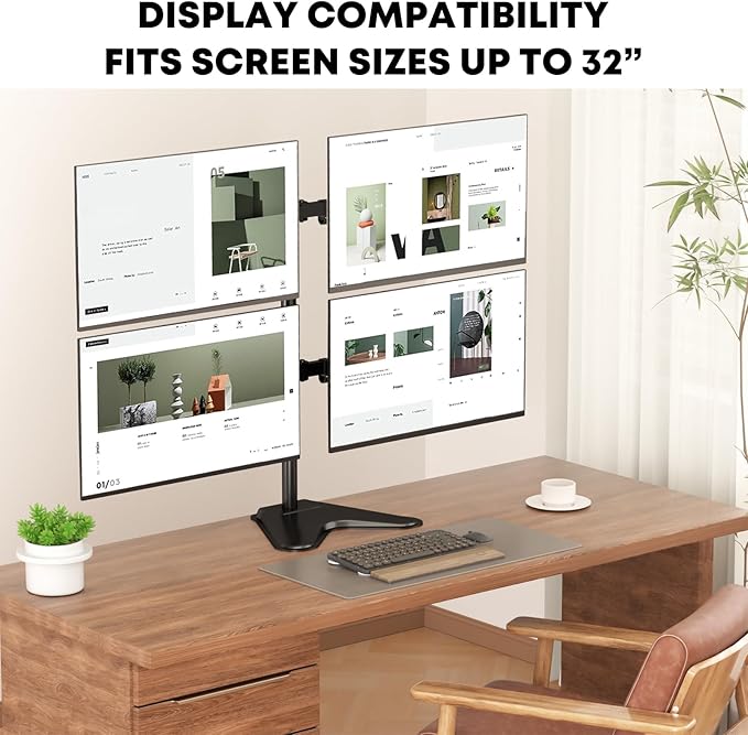 Quad Monitor Stand, Fully Adjustable Stacked 4 Screen Desk Mount for 17 to 32 Inch Computer Screens,Hold up to 19.8lbs Each,Black