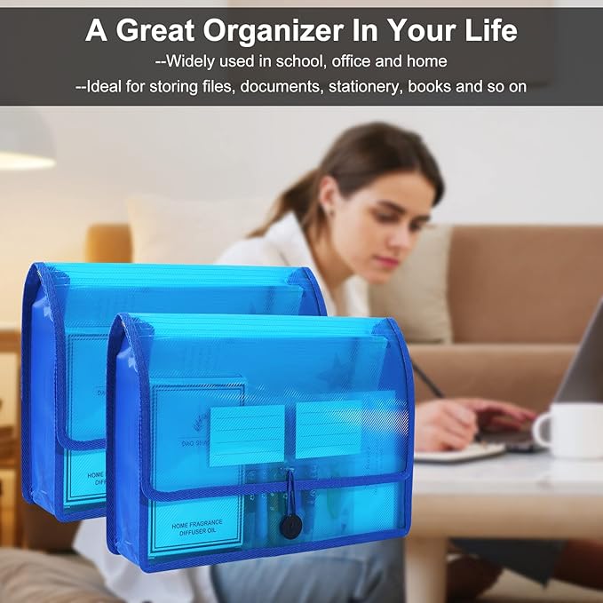 Eco-Friendly Plastic File Folders, 5 Pack Poly Expanding File Wallet, Expandable Envelope Organizer Document Folder with Elastic Band and Button Closure, with Small Two Pockets, Blue