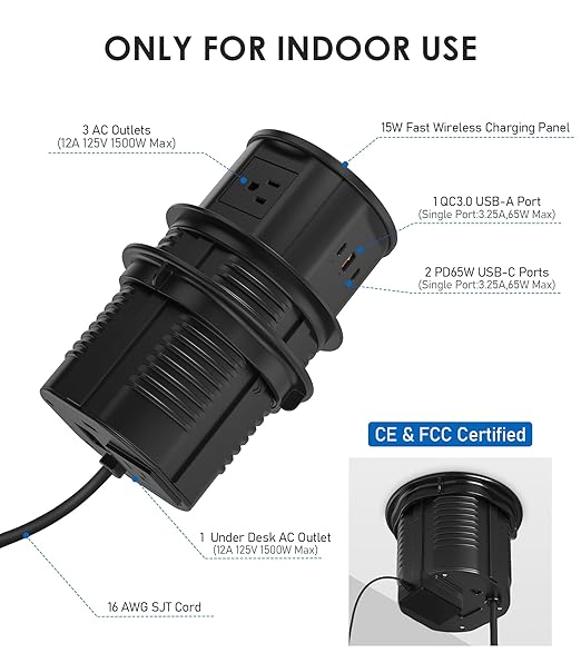 ANNQUAN 4.75" Pop Up Outlet with 65W USB-C,15W Wireless Charger,4 Outlets,3 USB Ports,Pop Up Countertop Receptacle Outlet for Home Office Kitchen