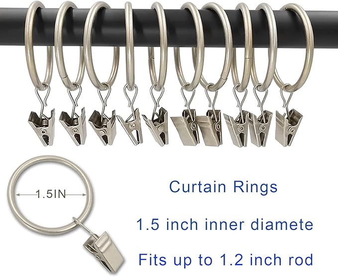 LLPJS 60 Pack Metal Curtain Rings with Clips, Curtain Clip Rings Hooks for Hanging Drapery Drapes Bows, Curtain Rod Rings 1.5 inch Interior Diameter, Matte Silver