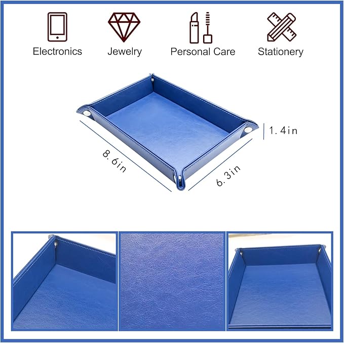 Leather Valet Tray Catchall Organizer, Navy Blue Desktop Storage for Keys, Coins, Wallet, Phone, Jewelry | Multi-Use Entryway Table, Desk & Nightstand Storage for Men & Women (Blue)