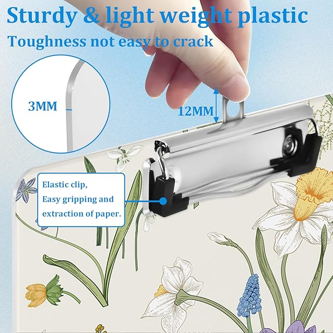 Spring Flower Clipboard Decorative Clip Board with Metal Clip A4 Standard Size 12.5" X 8.7" for Teacher Students Nurses Office