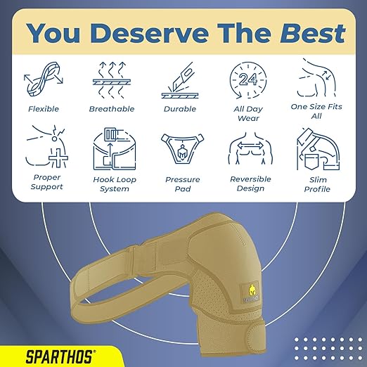 Sparthos Shoulder Brace - Support Sleeve for Torn Rotator Cuff, AC Joint Pain Relief - Arm Stability Strap Wrap - Fits Bicep 14-30 in, Left or Right, Men & Women - Measure Before Purchase - Beige-XXL