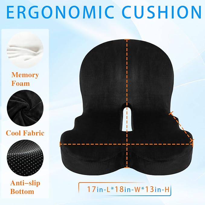 Ergonomic Memory Foam Reenly Seat Cushion & Non-Slip Base with Adjustable Straps,Seat Cushion for Truck Driver and Office Chair Cushion,Removable Washable Cover- Plush Velvet