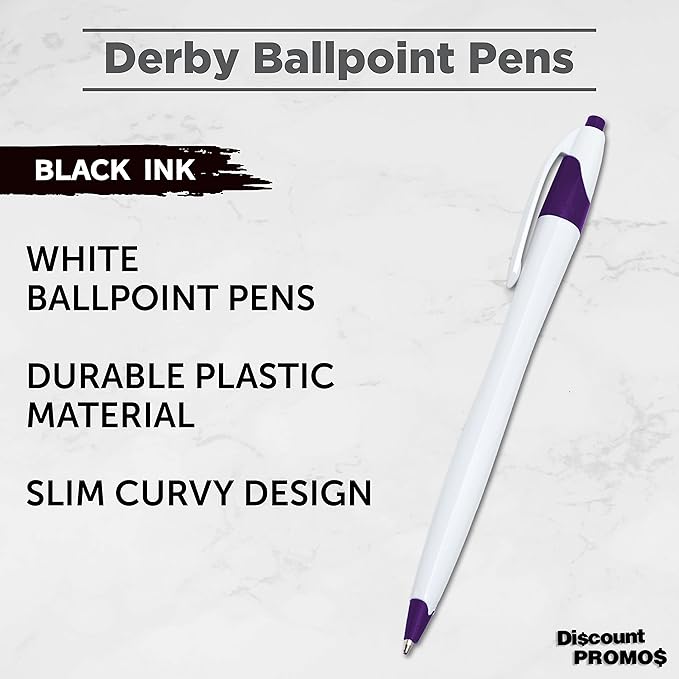 DISCOUNT PROMOS Slim Curvy Ballpoint Pens Set of 10, Bulk Pack - Black Ink, Retractable, Great for Office, School, Tradeshows - Purple