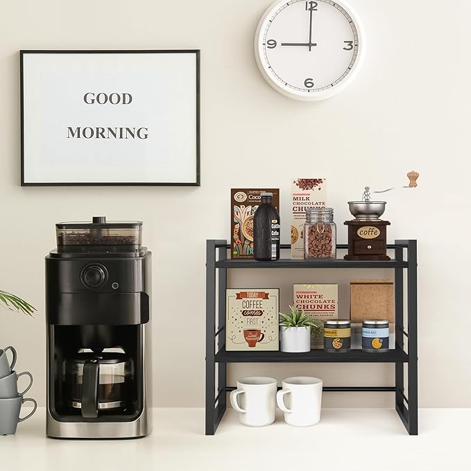 Office Desk Shelf Organizer, Wood Desktop Bookshelf Supplies Storage Rack, Shelf for Top of Desk and Dresser (Pure Black-2 Tier)