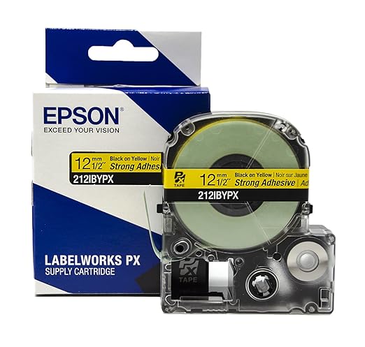 Epson LABELWORKS 212IBYPX Genuine PET (Polyester) Tape Cartridge - Black on Yellow Label Maker Tape, Strong Adhesive - 1/2" (12MM) Wide, 30'