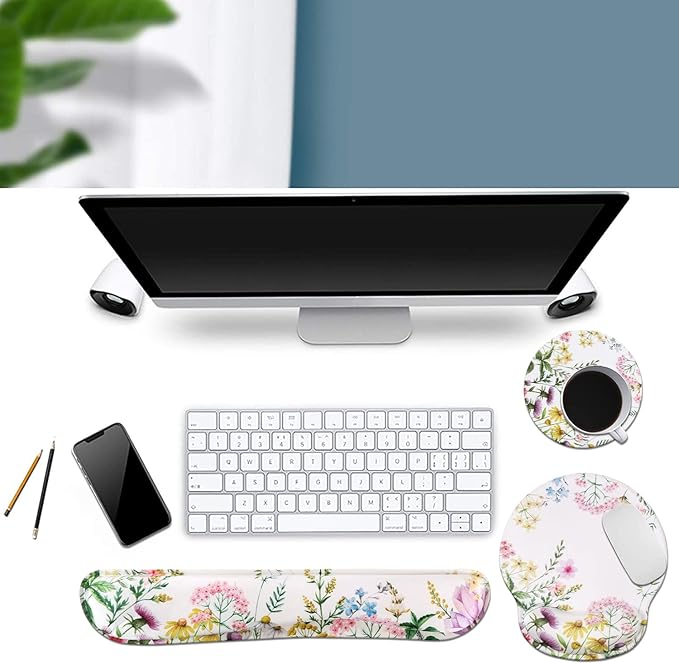 iLeadon Mouse Pad with Wrist Support Keyboard Wrist Rest Set, Ergonomic Mouse Pad with Non-Slip Base for Computer Laptop Home Office + Coasters, Easy Typing & Pain Relief Mouse Mat, Wild Flowers