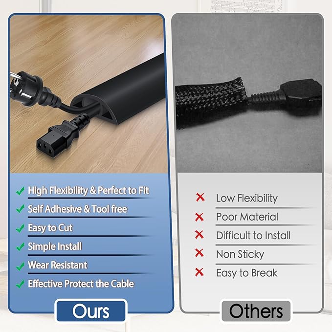 Floor Cord Cover for Wires on Floor Self Adhesive Cord Hider Floor Cable Management Wire Covers for Cords Protector Prevent Cable Trips Cord Cavity W 0.59" x H 0.31", Black, 10Ft