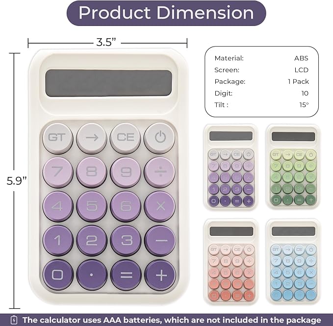 Y YOMA 1 Pack Mechanical Switch Calculator with 10 Digit Large LCD Display Big Button, Mini Cute Desktop Calculator 4 Function Basic Calculators for School Home Office Business, Dusty Violet