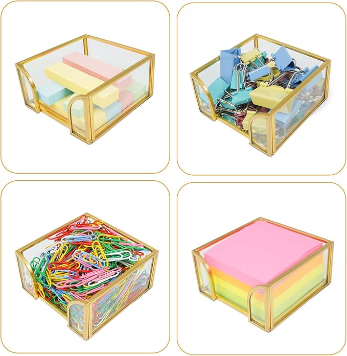 2 Pack Sticky Note Holder Glass Post It Note Dispenser,3 x 3 Inch Gold Sticky Note Dispenser,Stylish Post It Holder for Desk Home Office Decor