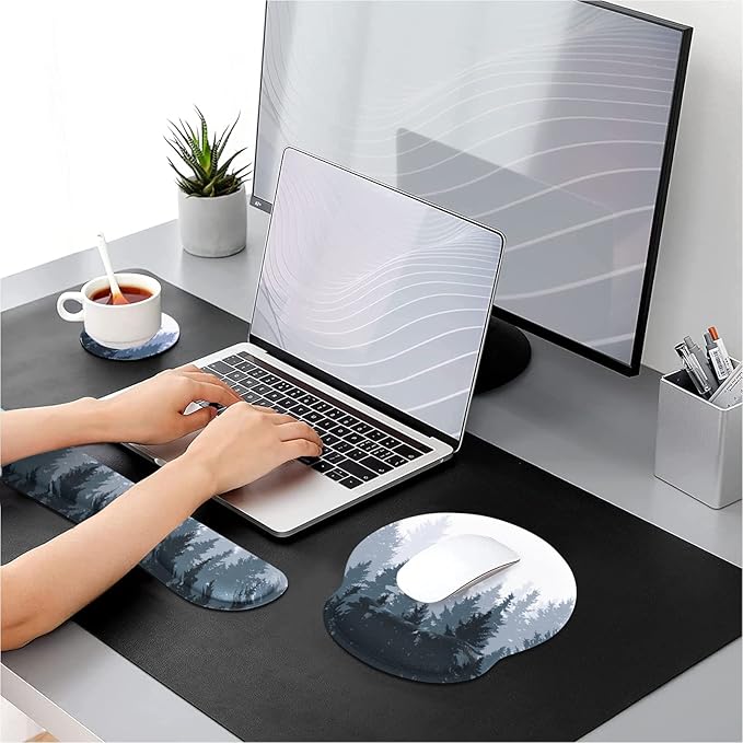 iLeadon Mouse Pad Wrist Support Keyboard Wrist Rest Set, Ergonomic Mouse Pad with Non-Slip Base for Computer Home Office + Coasters, Easy Typing & Pain Relief Mouse Mat, Forest