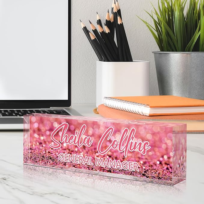Custom Name Plate for Desk, Employee Appreciation Gifts, Acrylic Desk Name Plate Personalized, Office Decor, Funny Office Gifts for Coworkers Boss Teacher (Pink Glitter)