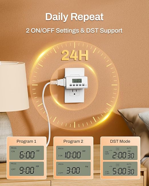 BN-LINK Indoor Digital Timer Outlet,24 Hour Light Timer Easy Programmable,Mini 2 Prong Plug in Timers for Electrical Outlets,Lamps,Fans,2 On/Off Programs,2 Pack,15A/1875W, ETL Listed