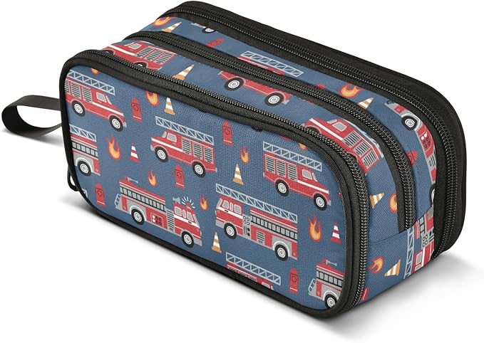 Fire Trucks Pencil Case Box Boys Girls Large Pencil Pouch with Zipper Compartments Big Capacity Stationery Pen Bag Organizer for Kids Teens Adults School Office