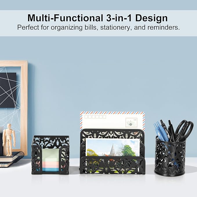 EasyPAG Desk Organizers and Accessories 3 Pieces Office Organizer Set - Pen Holder for Desk, Mail Sorter Countertop and Sticky Note Holder, Black