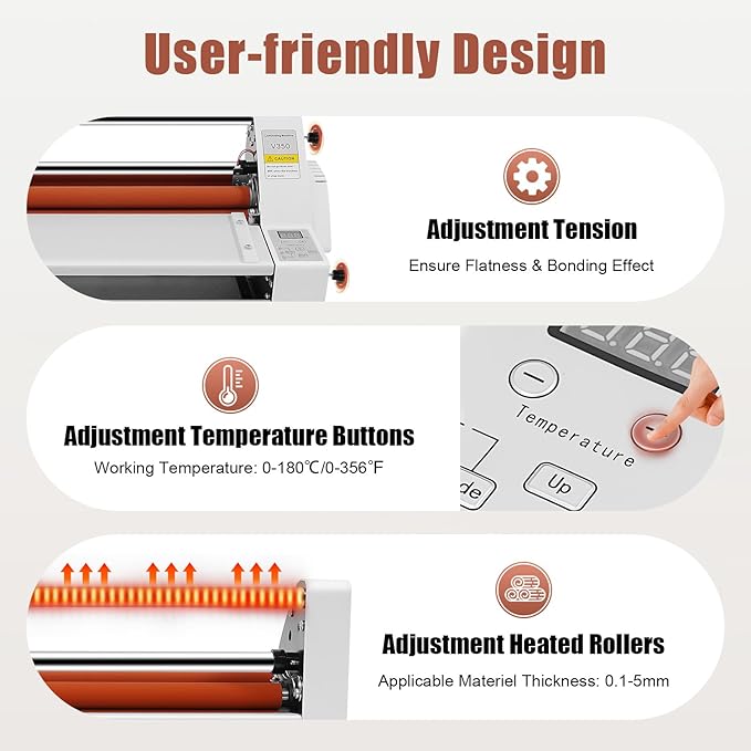 V350 Hot Cold Roll Laminator, 110V Digital Control Thermal Hot Cold Roll Laminator with 2 Heating Modes, Commercial Laminating Machine with Digital Control Panel, Used for Cross-Patterned Films