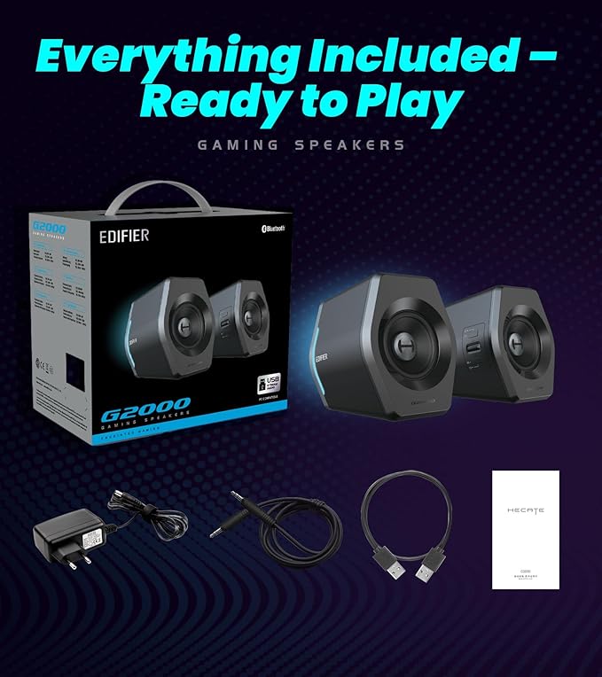 Edifier G2000 RGB Gaming Speakers, 32W Peak Power, Compact Design for PC/PS4/Desktop, Bluetooth 5.1, 3.5mm AUX, Game/Movie/Music Modes, 12 RGB Lighting Effects - Black