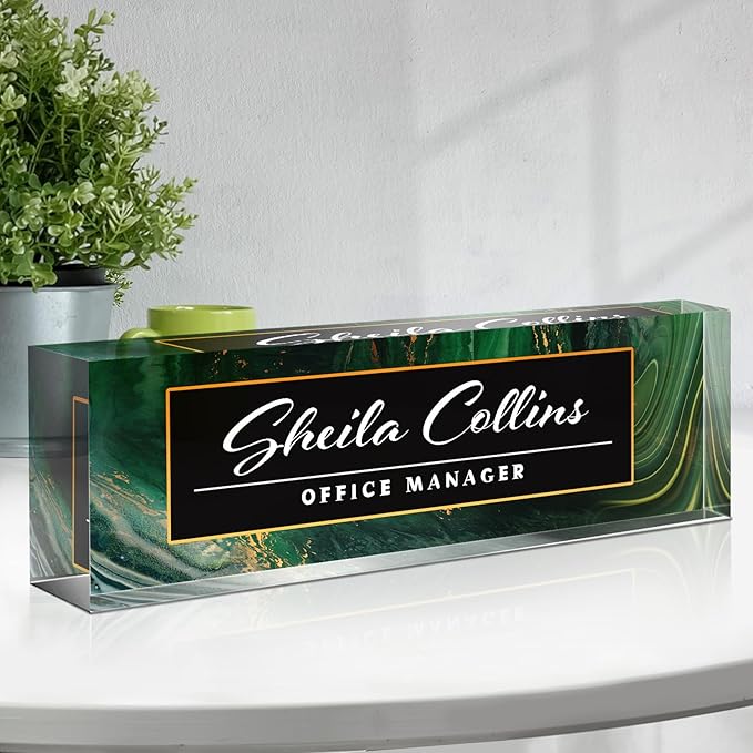 Custom Acrylic Name Plate for Desk, Employee Appreciation Gifts, Office Decor, Personalized, Funny Office Gifts for Coworkers Boss Teacher (Green/Gold)