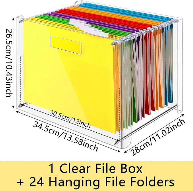 24 Hanging File Folder with Acrylic Organizer for Letter/a4 Size Desktop Clear File Storage Box with Handles for Home Work Office Use(Rainbow,Classic)