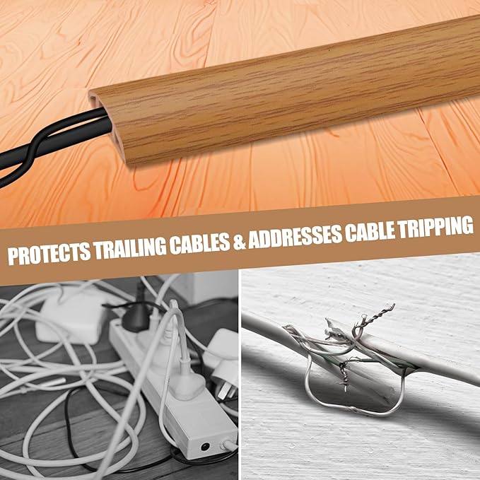 Floor Cord Cover Self Adhesive Cord Hider,10FT Cable Management, Extension Strip Protector for Wires, Prevent Cable Trips for Offices, Gyms, Exhibitions Cavity:0.51"(W) x 0.3"(H) Brown Wood