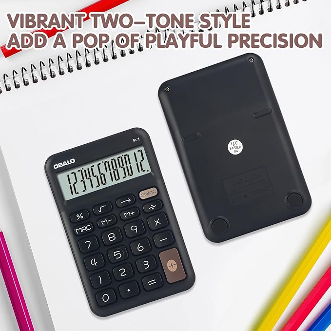 Pendancy Small Desk Calculator Cute, 12 Digit LCD Display, Basic Function, Auto-Sleep, 4.7"x2.9" Pocket-Sized Design Handheld Calculators Desktop, for Office, School, Business & Travel(OS-P1 Black)