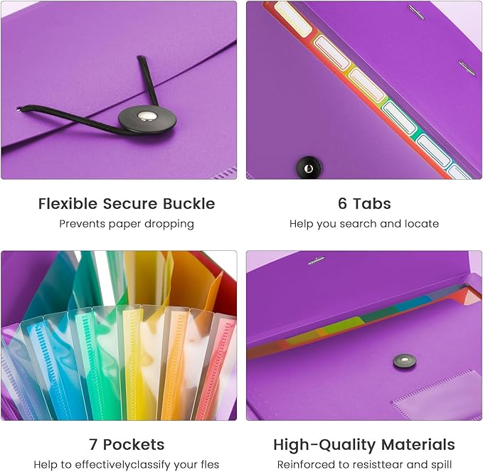 Accordion File Organizer, 7 Pockets Expanding File Folder with Labels, A4/Letter Size Portable Folders for Documents, Paper Organizer for School Office Supplies, Purple