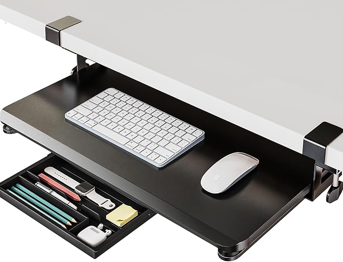 Fenge Keyboard Tray Under Desk, Pull Out Keyboard & Mouse Tray with C Clamp Mount, Sliding Keyboard Holder for Desk, 25.6 x 11.8 inch Large Slide-Out Platform Computer Drawer for Typing, Black