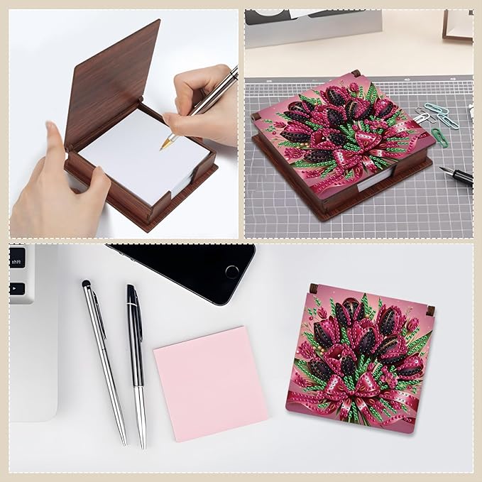 Wooden DIY Tulip Bouquet Diamond Art Notecard Box – DIY Gem Art Sticky Note Holder for Adults 160 Sheets Memo Pad Storage