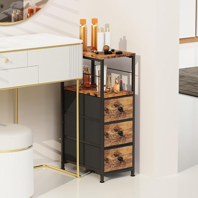 YBING Narrow Dresser for Bedroom, Dresser with 3 Fabric Drawers, Slim Bedside Table with Open Storage Shelf, Small Side Table for Small Spaces, Brown