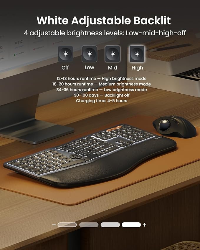 Backlit Bluetooth Ergonomic Keyboard, ProtoArc EK01 Plus Full Size Wireless Split Keyboard with Dual Bluetooth and USB, Cushioned Wrist Rest, Rechargeable for Windows/Mac/Android, Grey Black
