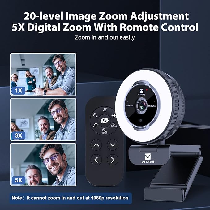 Vitade Zoomable Webcam with Remote Control, 1080P 60FPS Streaming with Ring Light and Microphone, Pro USB Webcam with 5X Digital Zoom and Privacy Cover for Zoom/Skype/Teams/PC/Laptop/Mac