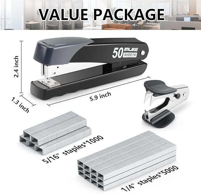 IMLIKE Metal Stapler Heavy Duty 50 Sheet Capacity, Full Strip Staplers for Desk with 6000 Staples and Staple Remover,No Jam, Non-Slip for Office & Classroom, Black
