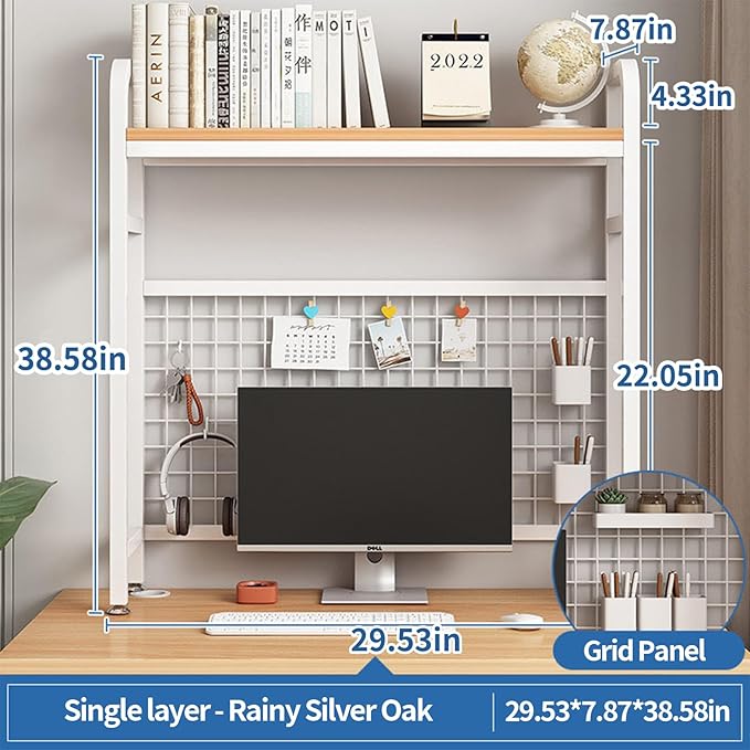 Desk Shelf Bookcase 1-Tier Metal Desktop Bookshelf Hutch with Grid Panel and DIY design possible Multipurpose Storage Organizer Display Rack for Dorm Office Home Computer Desk(White 29.5"×7.9"×38.6")