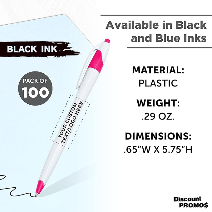 DISCOUNT PROMOS Custom Slim Curvy Ballpoint Pens Set of 100, Personalized Bulk Pack - Black Ink, Retractable, Great for Office, School, Tradeshows - Pink