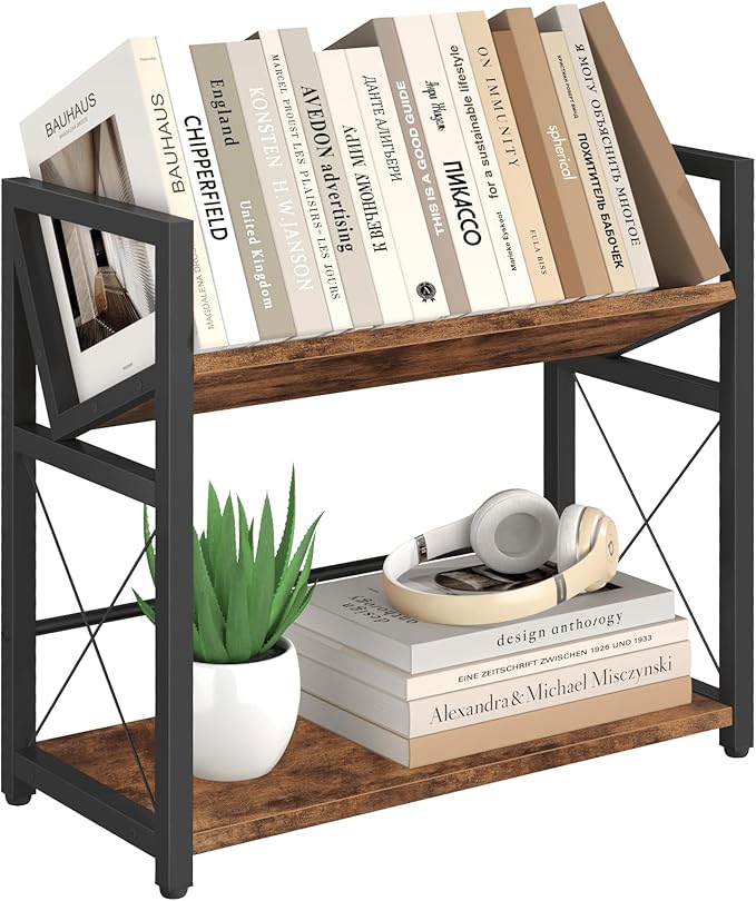 ELITEROO Desktop Bookshelf, 2 Tier Desk Shelf Organizer, Wooden Tabletop Bookcase, Small Desk Top Book Rack for Office, Home, Bedroom, Small Space Storage and Display, Rustic Brown