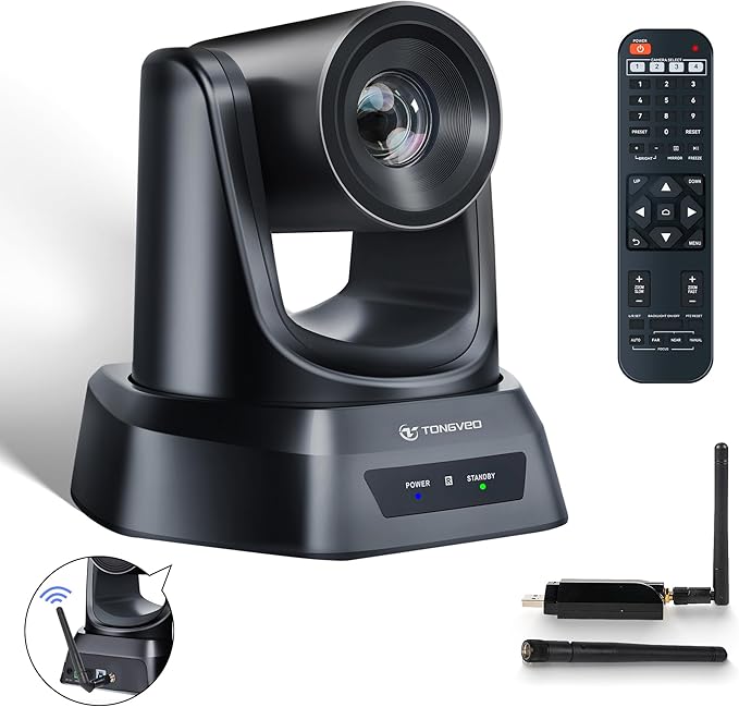 TONGVEO 5.8GHz Wireless Conference Room Webcam, Church Live Streaming 3X USB 1080P 60fps PTZ Camera for Worship Services Online Conference, Works with Zoom, OBS Easy to Set Up