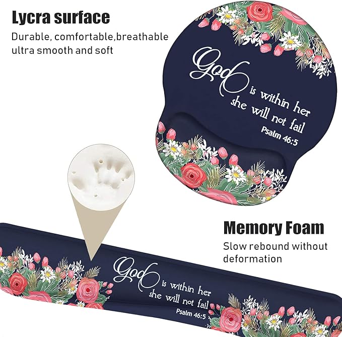 Keyboard Wrist Rest and Mouse Pad Wrist Rest Support Set, Non-Slip PU Base for Gaming and Office, Comfortable & Lightweight for Easy Typing & Pain Relief, Floral Quote Bible Verses Psalm 46:5