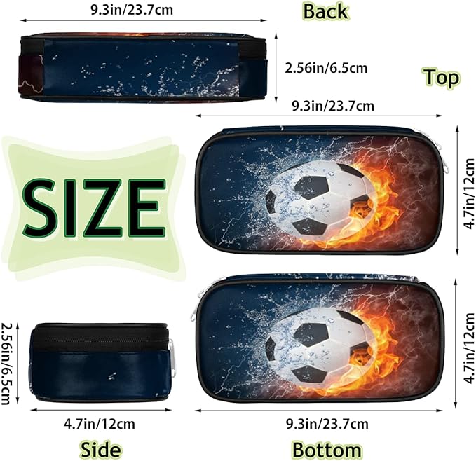 Pardick Soccer Big Capacity Pencil Pen Case Flame Soccer Large Pencil Pouch with Zipper Compartments Pencil Bag for Boys Girls Adults Student Office School Supplies