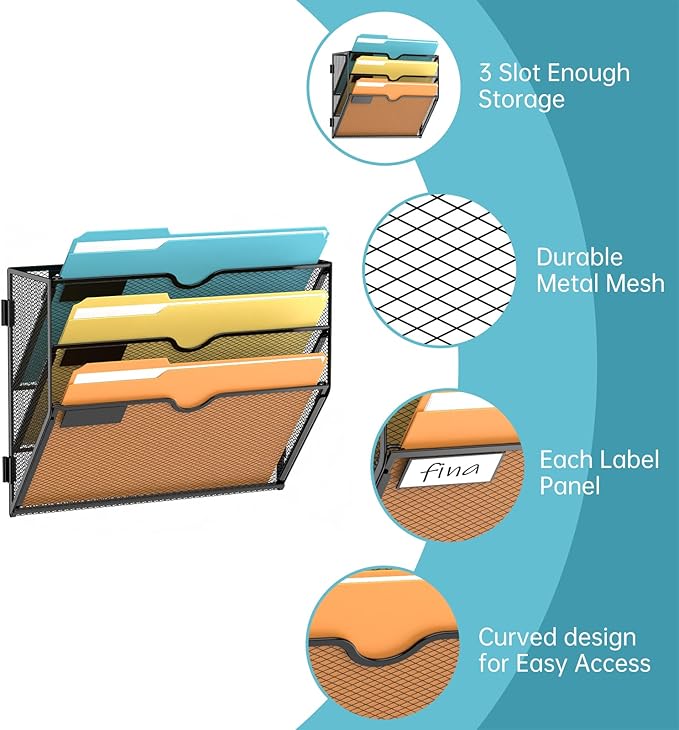 SUPEASY 3-Tier Wall File Organizer Mesh Office Mail Holder, Hanging Wall Organizer Magazine Rack for Office Black, 2 Pack