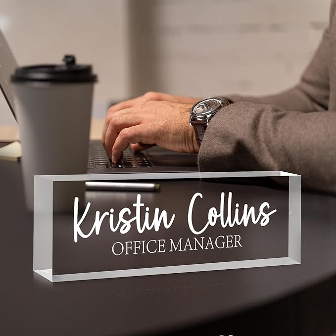 Custom Name Plate for Desk, Personalized Name Plate on Clear Acrylic Glass, Appreciation Gifts for Teacher Employee Boss Coworkers Nurse, Office Desk Accessories for Women Men (Engraved Elegant)