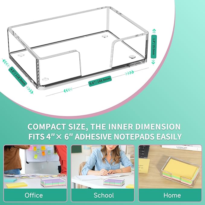 Sticky Note Holder, Crystal Clear Acrylic Notepad Holder 4x6 in Self-Stick Note Dispenser Office Desk Accessories, Memo Pad Holder Organizer for Classroom School Supplies