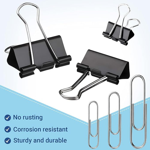 370 PCS Paper Clips and Binder Clips Set – Assorted Sizes Metal Clips (28-50mm Paper Clip + 15-25mm Binder Clip), Office Supplies for Home School