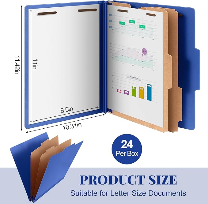 Skyygemm 24 Pcs Classification Folders Letter Size Bulk - 2 Dividers Pressboard File Folder with 3.5 Inch Expansion, 2 Prongs Fastener, Heavy Duty Office File Organizer for Teacher Medical (Dark Blue)